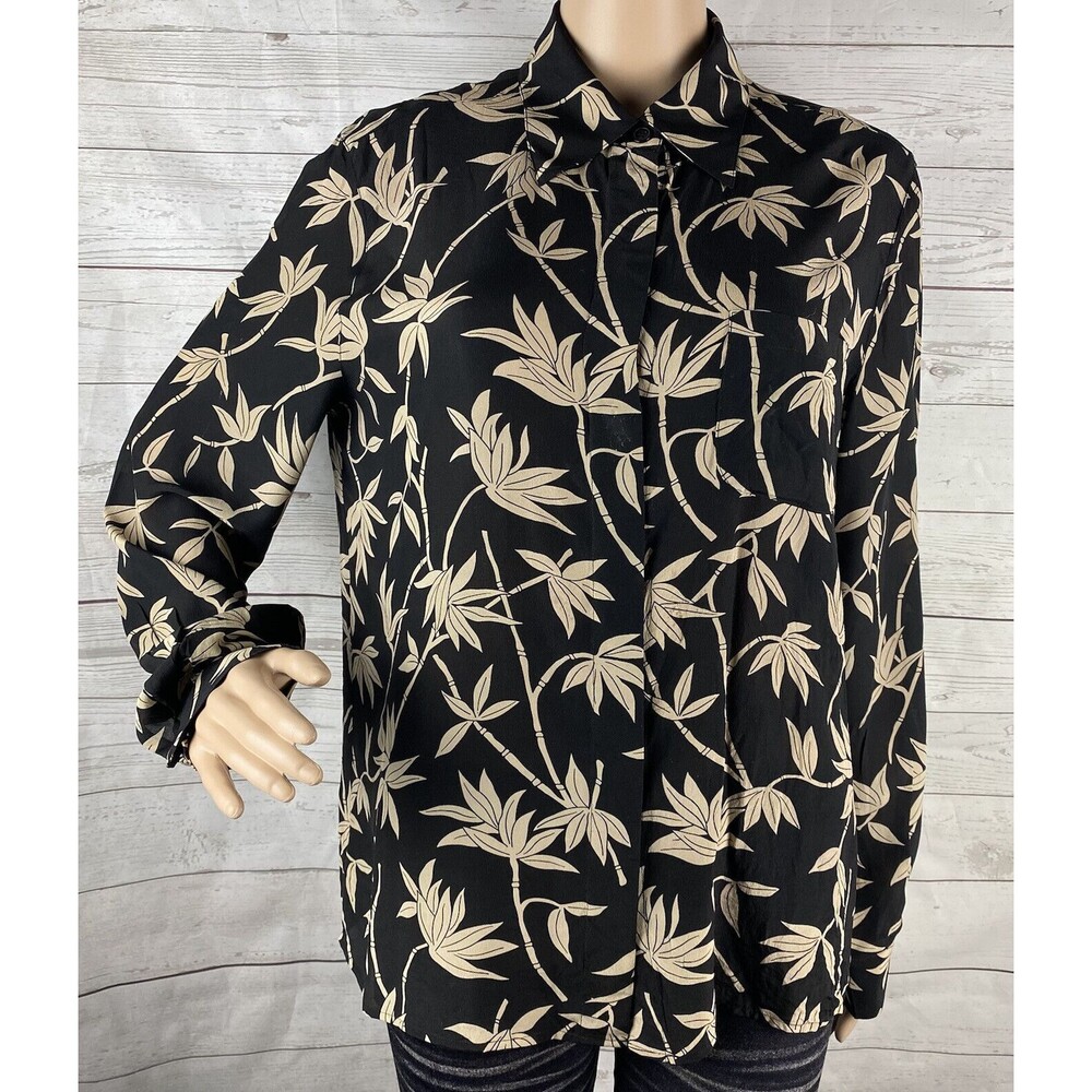 Evan-Picone 100% Silk Blouse Women's Size 12 Black Brown Bamboo Print Semi-Sheer
